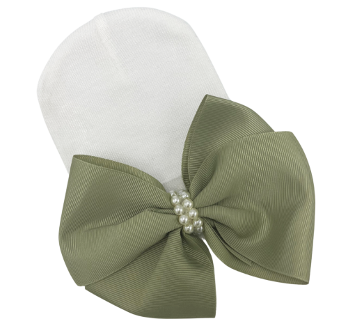 LARGE SAGE Green Bow with Pearls Newborn Girl - WHITE Hat