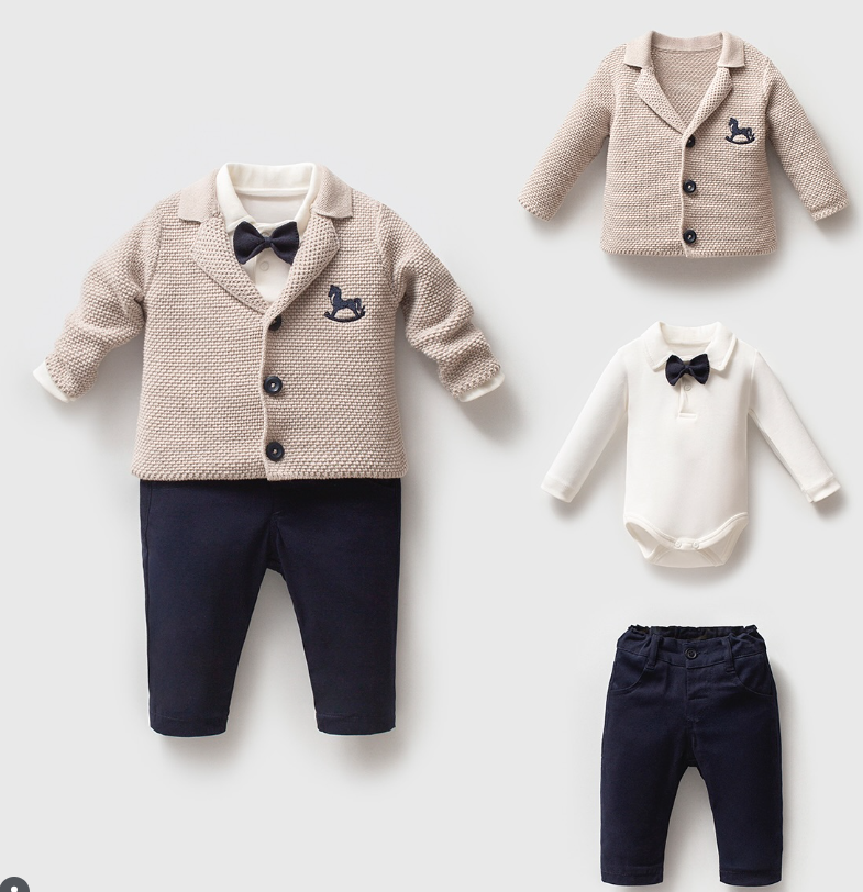 Carousel Knit Baby Boy Set Linen Pants Set with Bow Tie