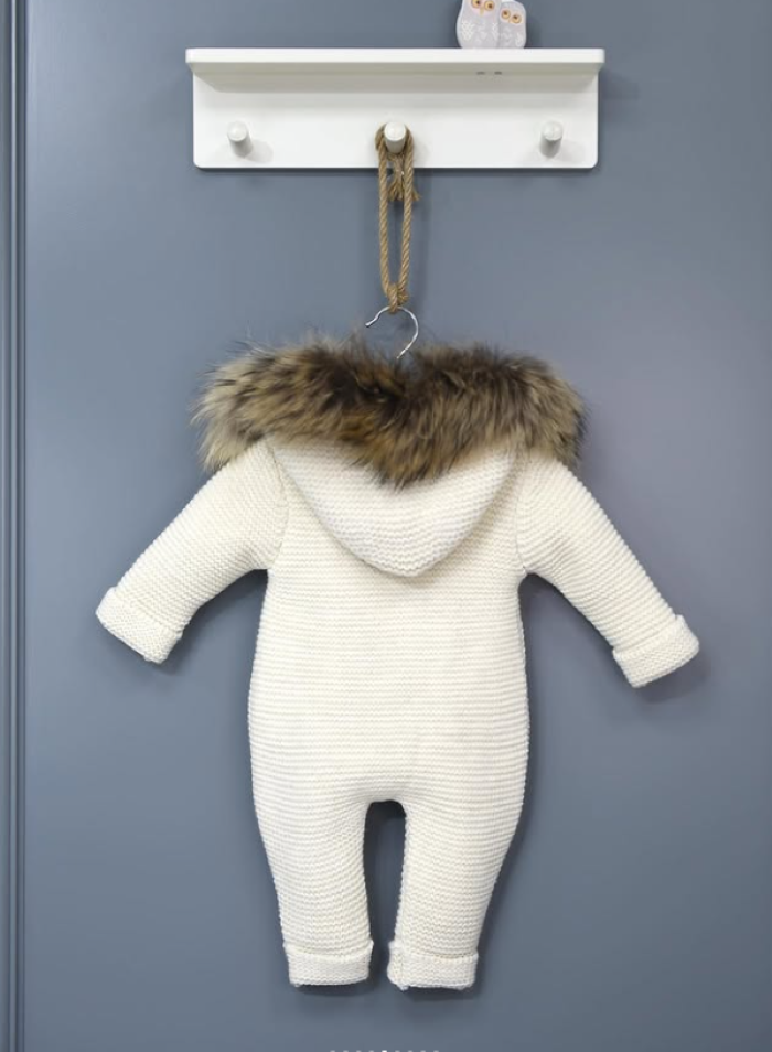 Knitted Wool Romper with Hood & Removable Fur 6407