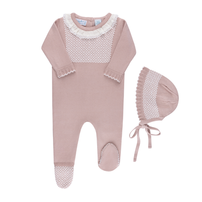 Girls Jacquard Ruffled Knit Romper Footie & Bonnet
