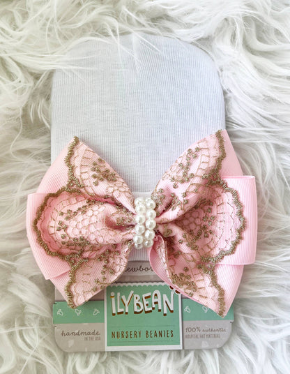 Iybean Gold Lace with Pearl Strand Newborn Girl Hospital Hat