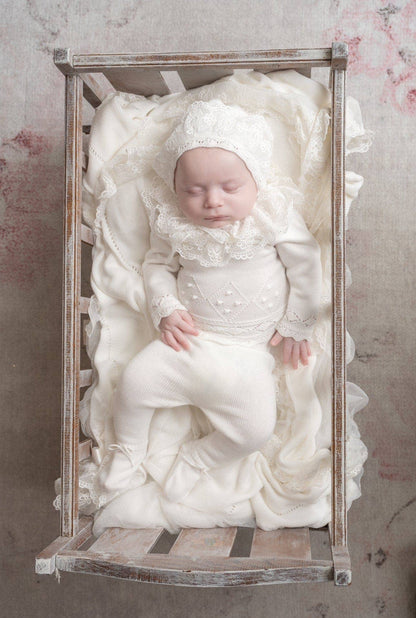 Ivory Three Piece Knit Baby Set with Lace