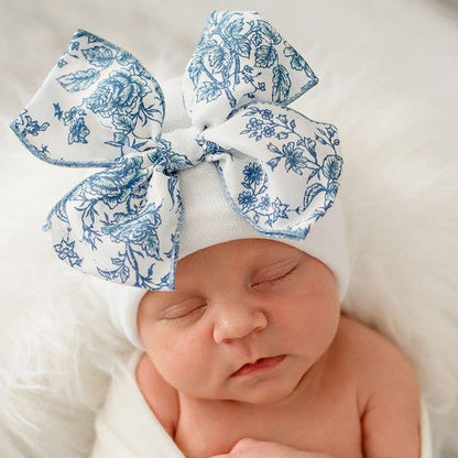 Ilybean Toile Floral Bow in Pink or Blue Newborn Girl Hat