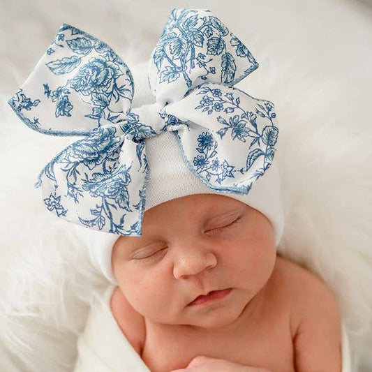 Ilybean Toile Floral Bow in Pink or Blue Newborn Girl Hat