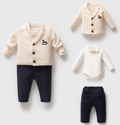 Carousel Knit Baby Boy Set Linen Pants Set with Bow Tie