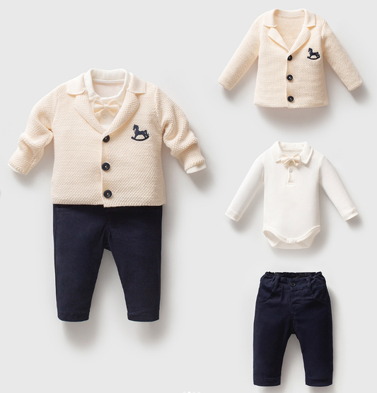 Carousel Knit Baby Boy Set Linen Pants Set with Bow Tie
