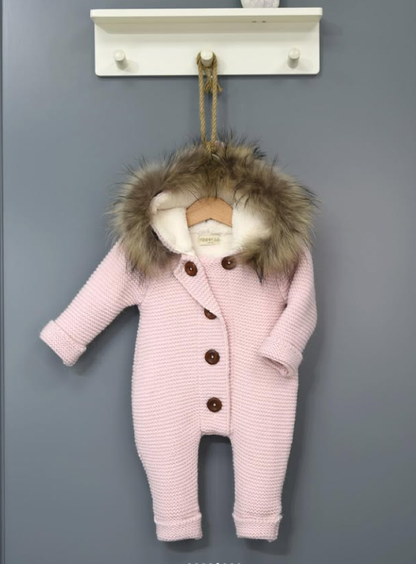 Knitted Wool Romper with Hood & Removable Fur 6407