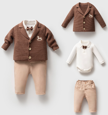 Carousel Knit Baby Boy Set Linen Pants Set with Bow Tie