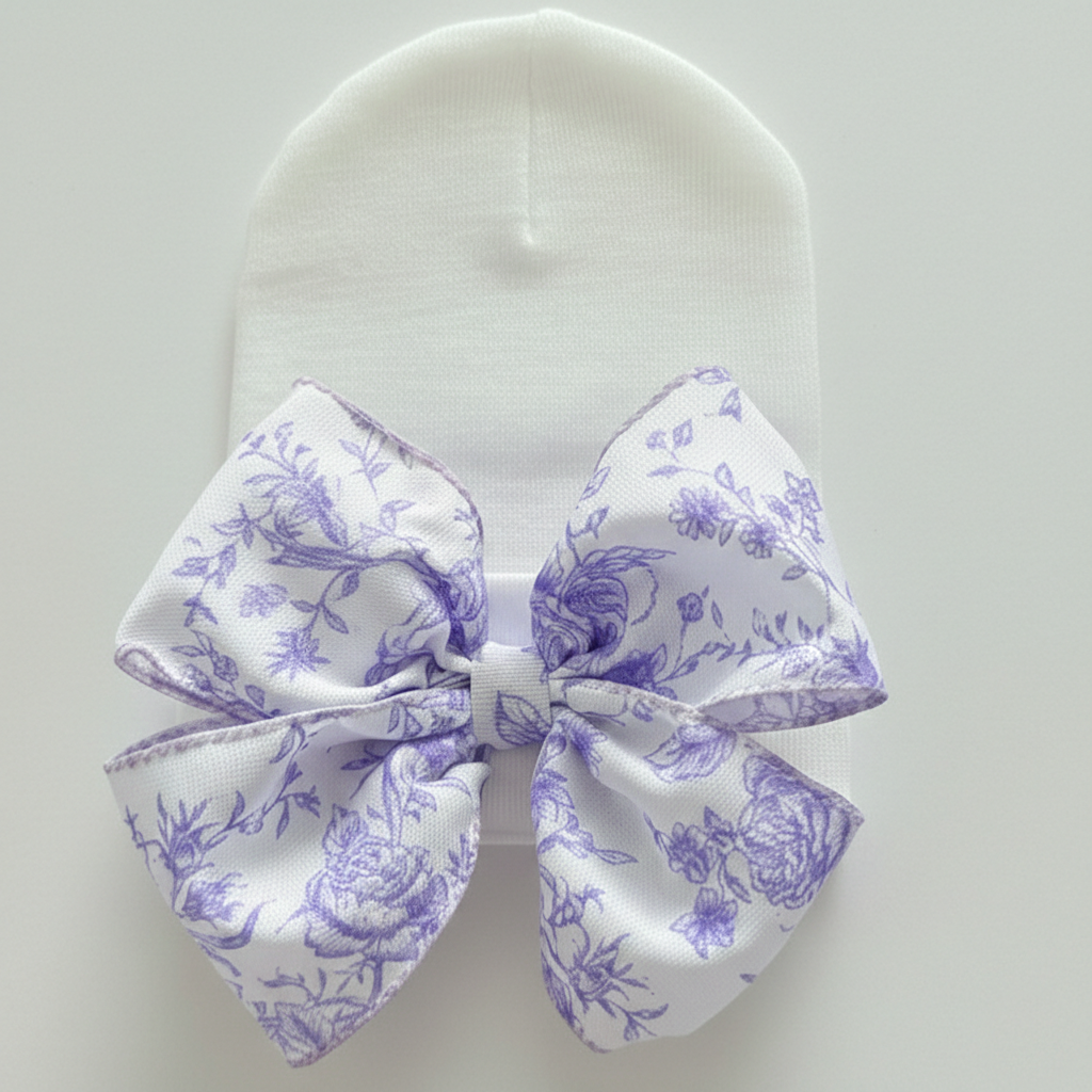 Ilybean Toile Floral Bow in Pink or Blue Newborn Girl Hat
