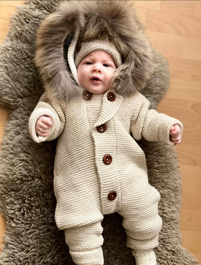 Knitted Wool Romper with Hood & Removable Fur 6407
