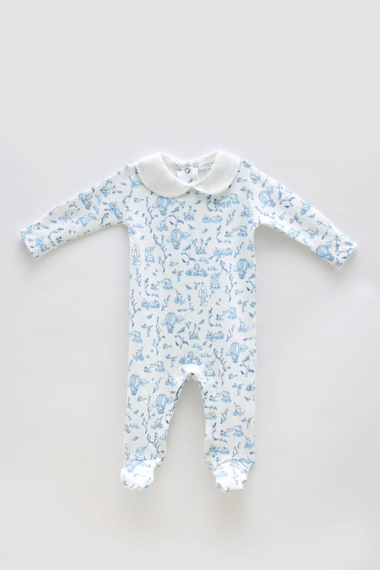 Baby Footed Onesie - Toile de Jouy/Blue