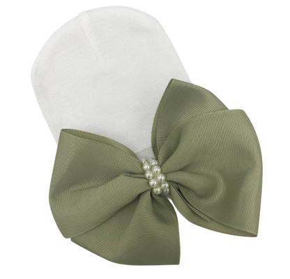 LARGE SAGE Green Bow with Pearls Newborn Girl - WHITE Hat