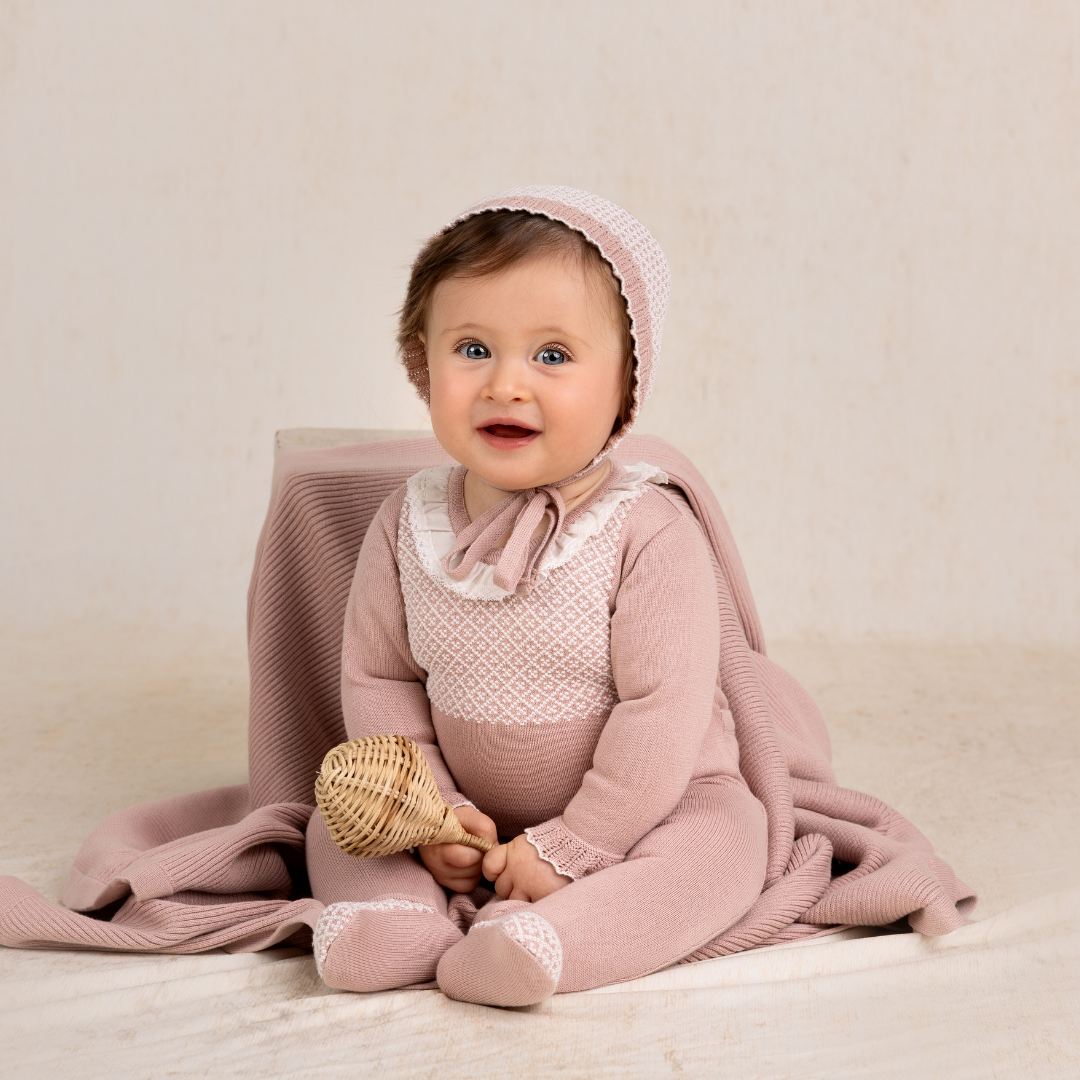 Girls Jacquard Ruffled Knit Romper Footie & Bonnet