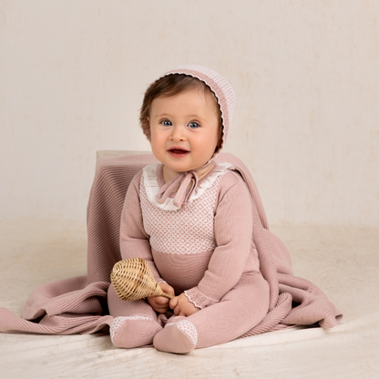 Girls Jacquard Ruffled Knit Romper Footie & Bonnet