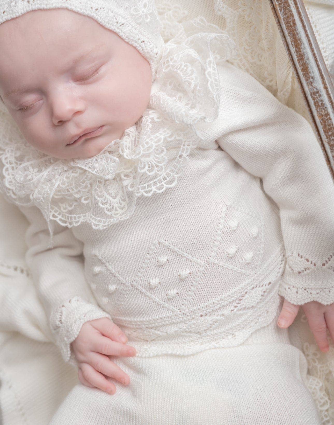 Ivory Three Piece Knit Baby Set with Lace