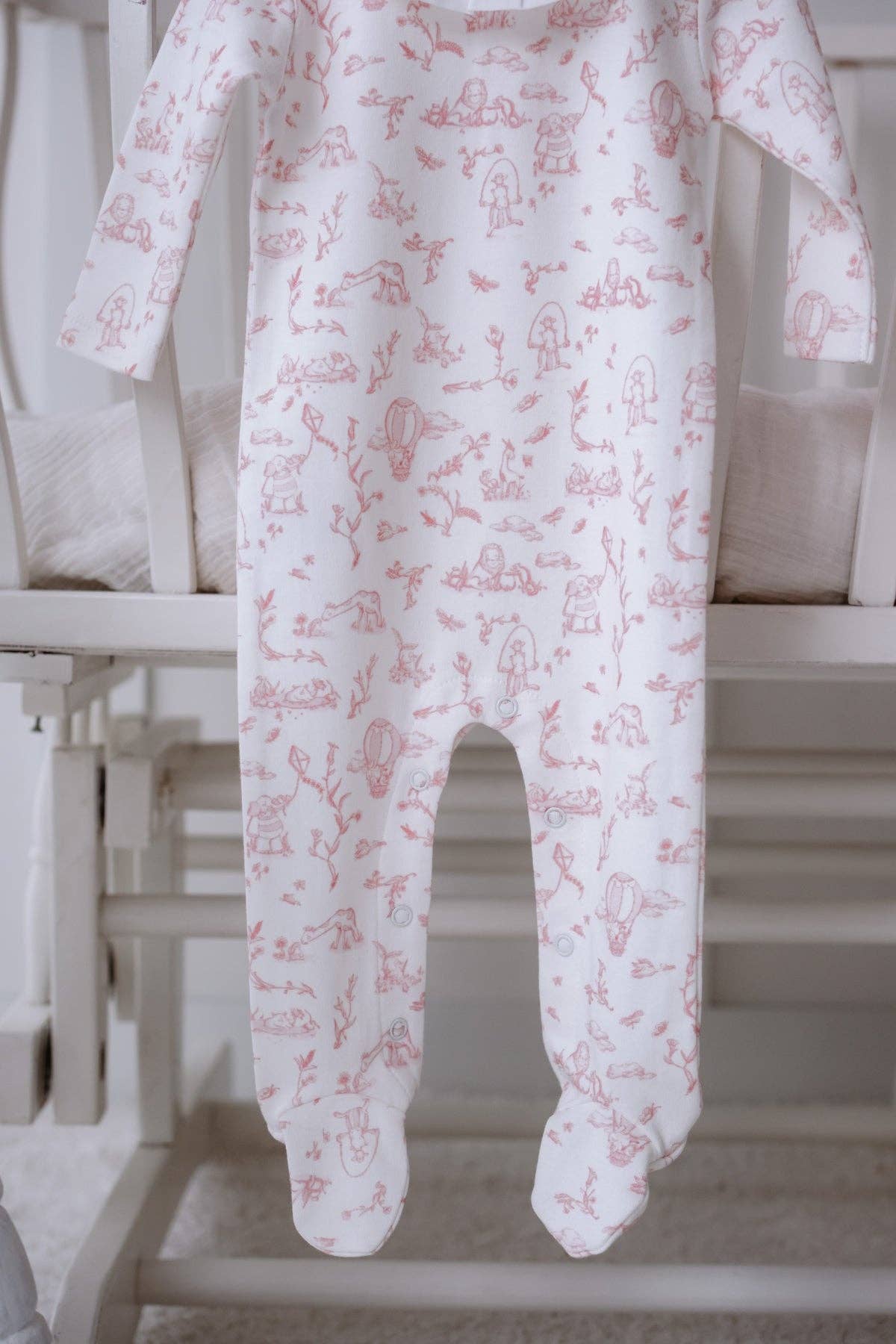 Toile de Jouy Pink- Baby Footed Onesie