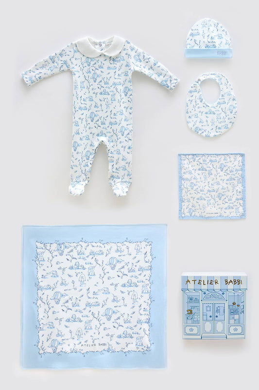Toile de Jouy/Blue (G Box) -Newborn Gift Set – 5 Pc Cotton