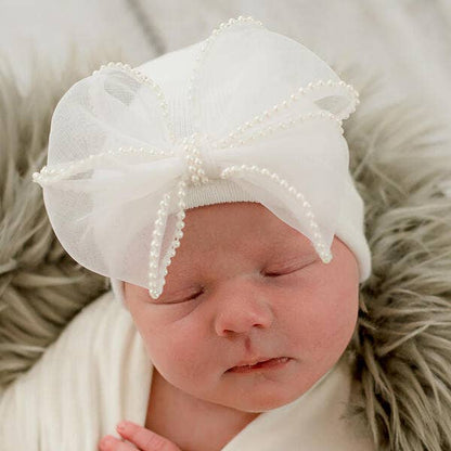 Pink, White & Black Chiffon Pearl Bow Newborn Girl Hospital