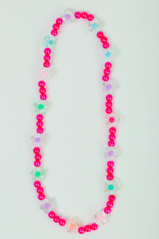 Hot Pink Beaded Flower Necklace