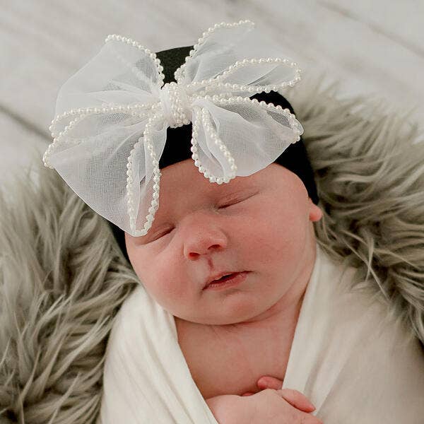 Pink, White & Black Chiffon Pearl Bow Newborn Girl Hospital