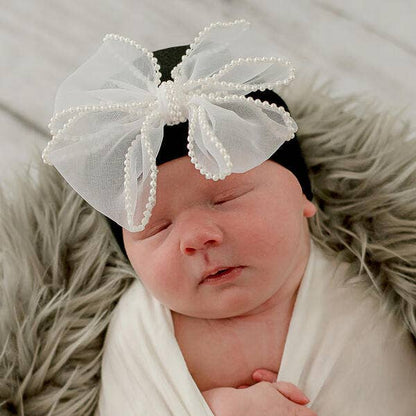 Pink, White & Black Chiffon Pearl Bow Newborn Girl Hospital