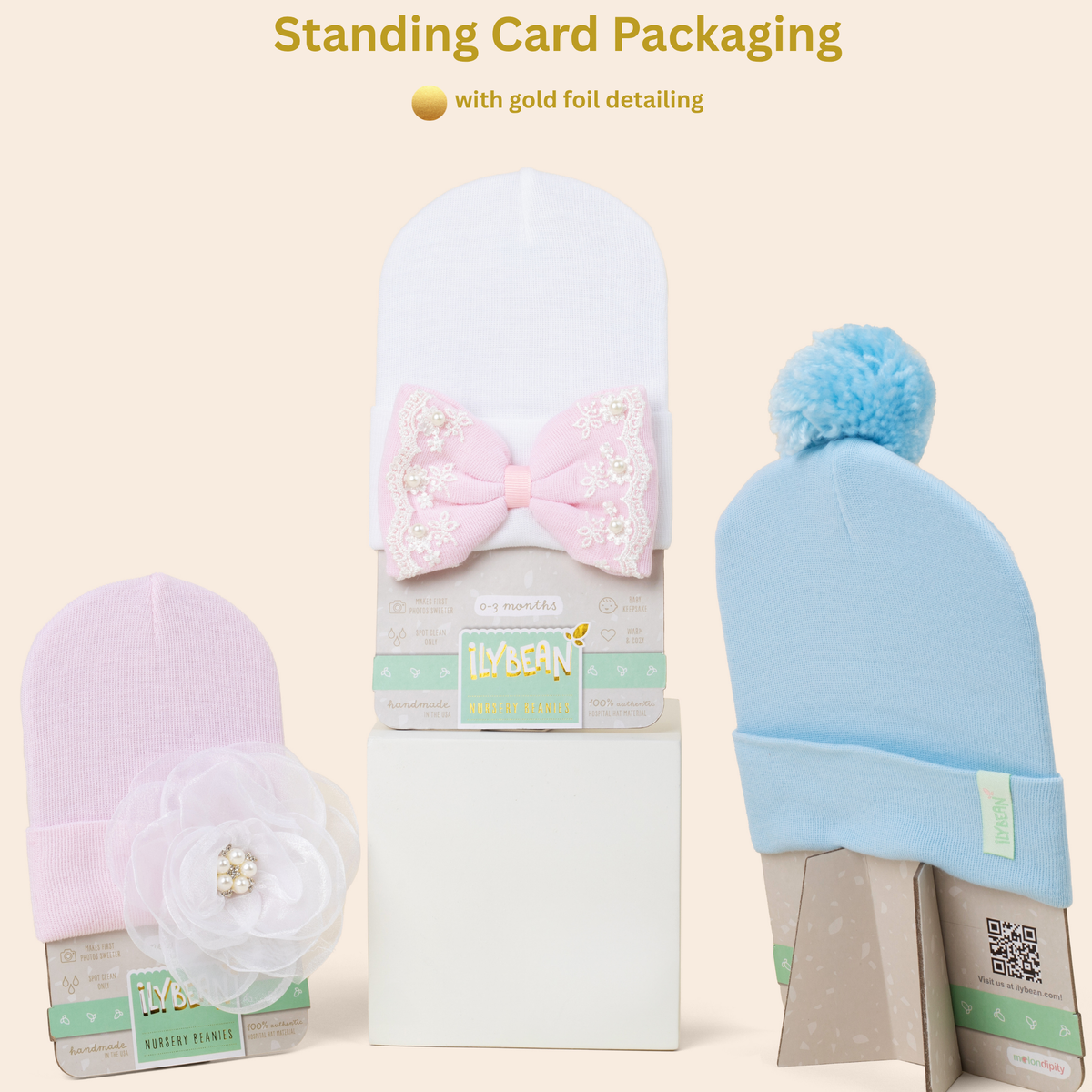 Champagne Dreams Bow with Pearl Strand Center Newborn Hat