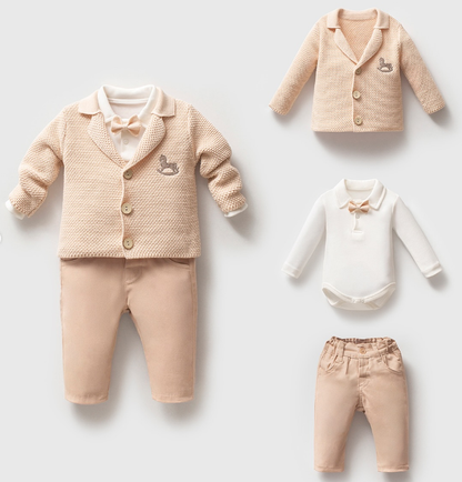 Carousel Knit Baby Boy Set Linen Pants Set with Bow Tie