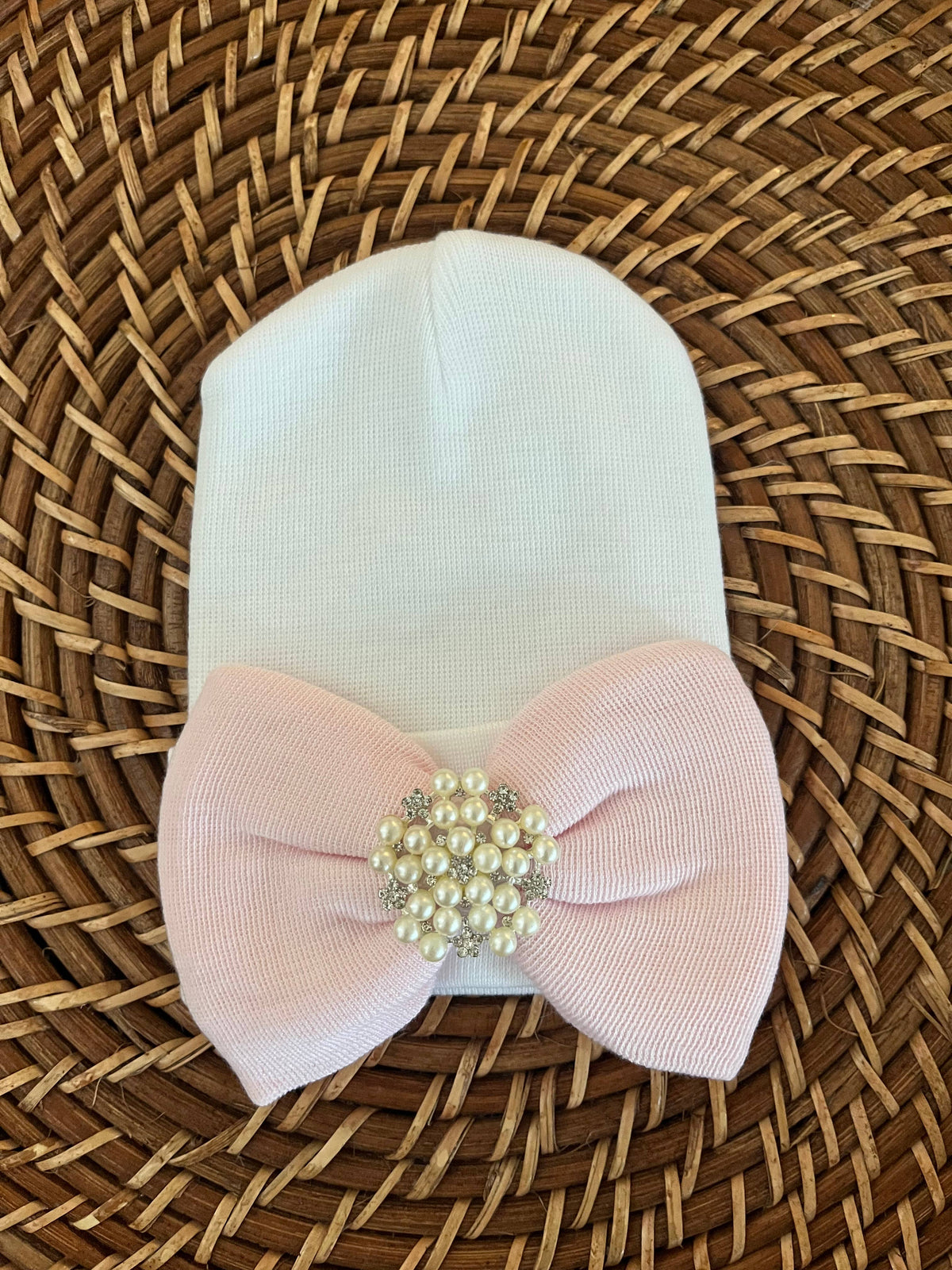 White Baby Beanie with Pink Bow and Rhinestone Pearl