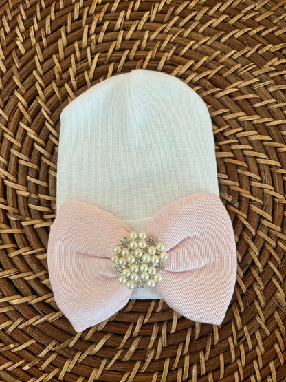White Baby Beanie with Pink Bow and Rhinestone Pearl
