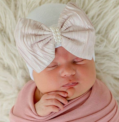 Champagne Dreams Bow with Pearl Strand Center Newborn Hat
