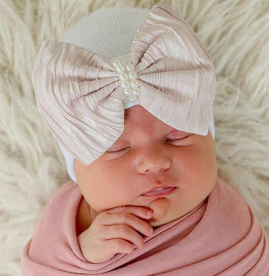 Champagne Dreams Bow with Pearl Strand Center Newborn Hat