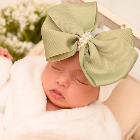 LARGE SAGE Green Bow with Pearls Newborn Girl - WHITE Hat