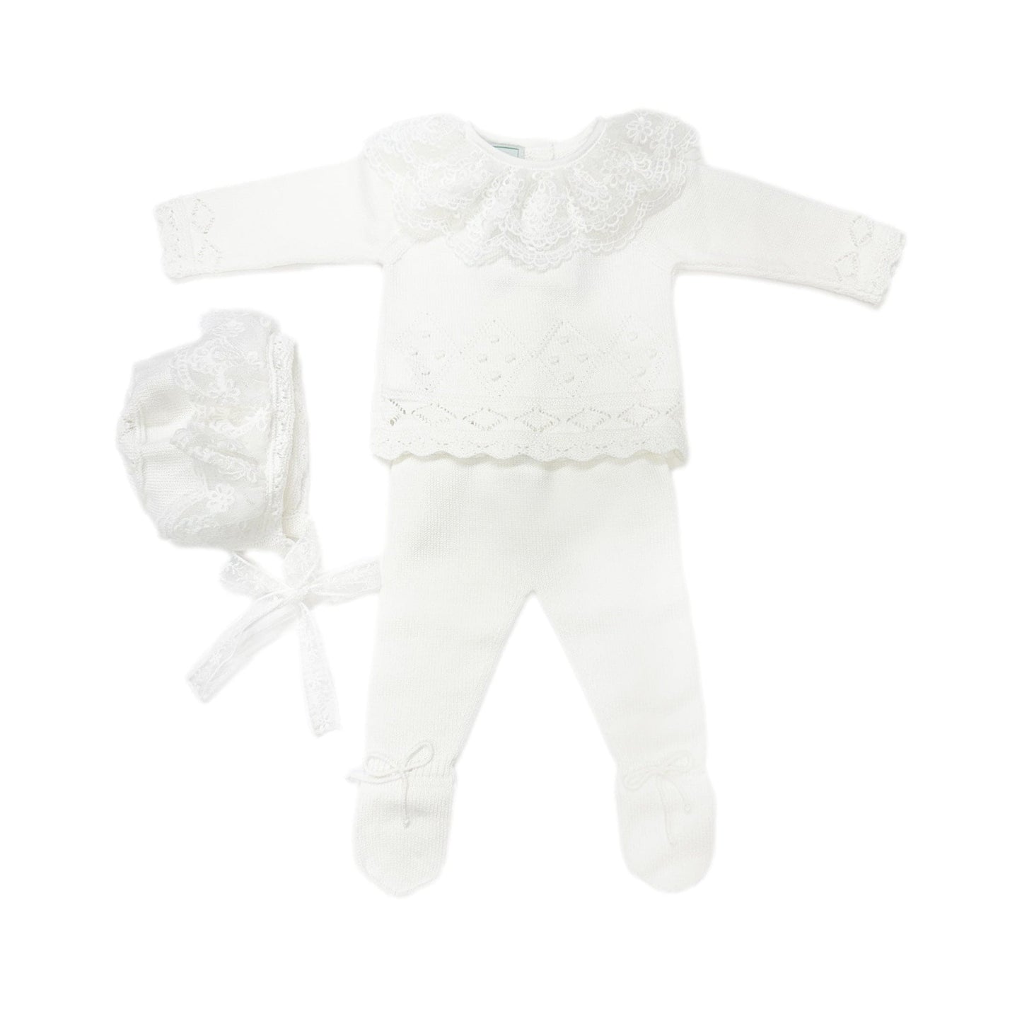 Ivory Three Piece Knit Baby Set with Lace