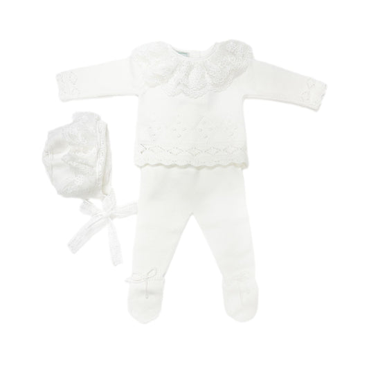 Ivory Three Piece Knit Baby Set with Lace