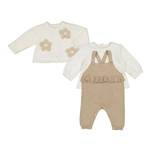 Mayoral Knit- 3 Piece Neutral Flower - Dungaree w/ Jacket Set