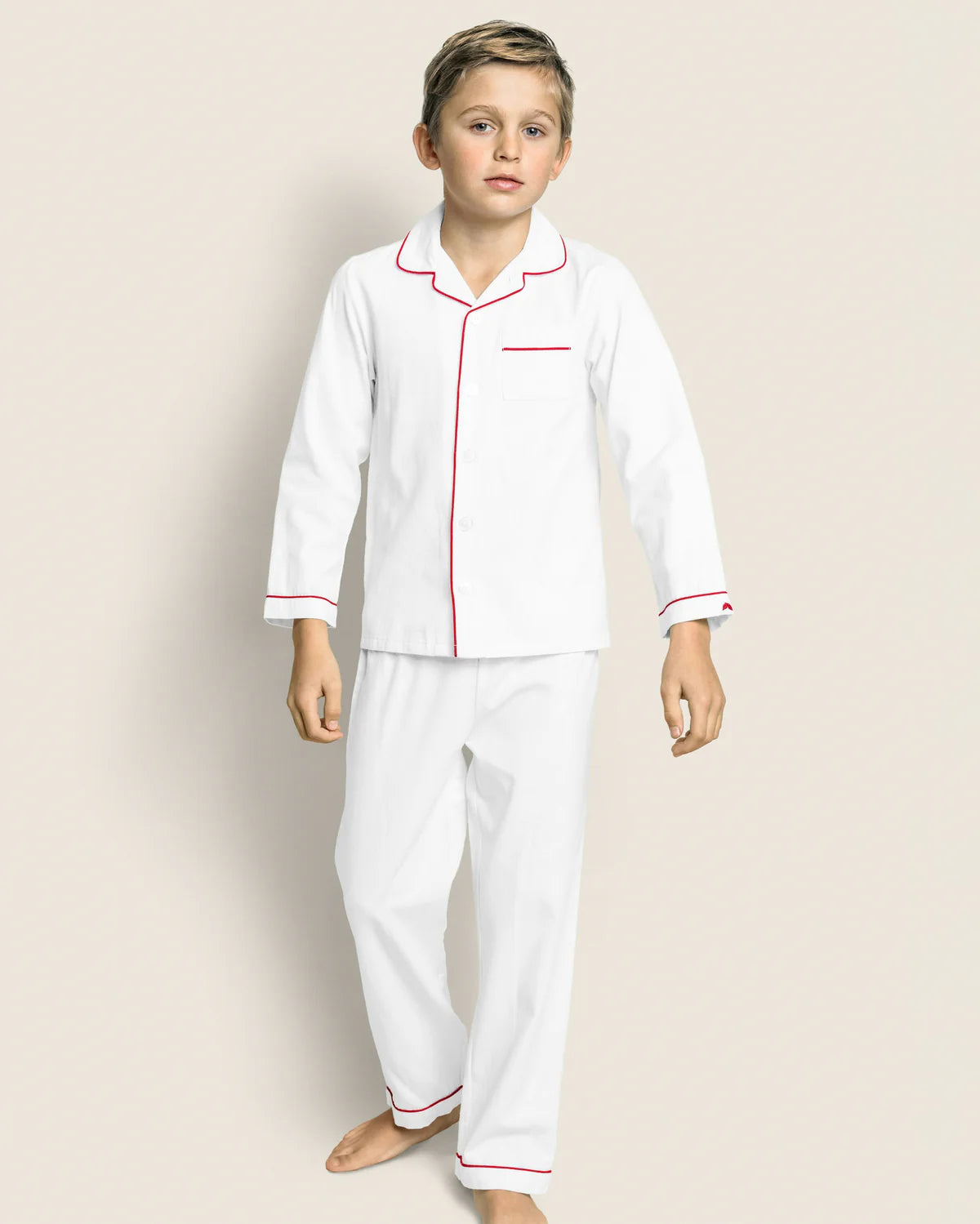 Twill White Pajamas with Red Piping