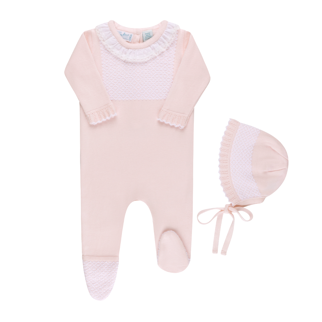Girls Jacquard Ruffled Knit Romper Footie & Bonnet