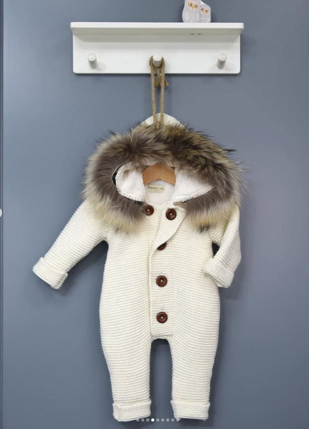 Knitted Wool Romper with Hood & Removable Fur 6407