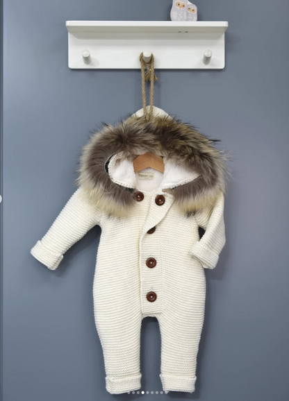 Knitted Wool Romper with Hood & Removable Fur 6407