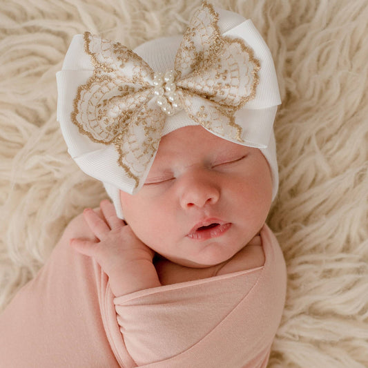 Iybean Gold Lace with Pearl Strand Newborn Girl Hospital Hat