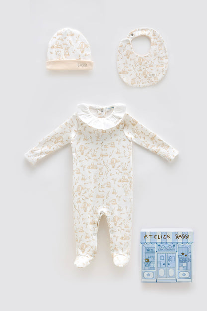 3-Piece Newborn Set with Gift Box – Toile de Jouy / Beige