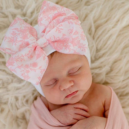 Ilybean Toile Floral Bow in Pink or Blue Newborn Girl Hat