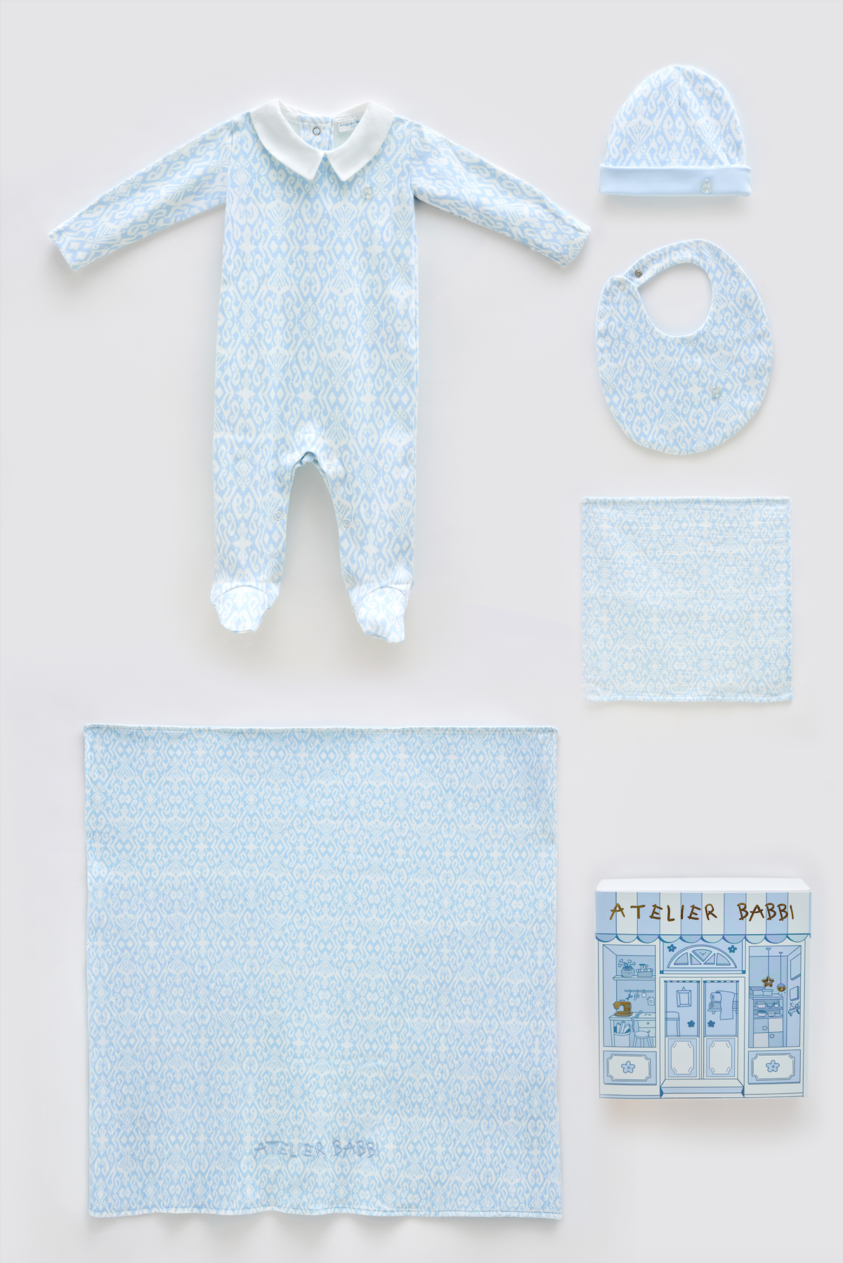 Newborn Gift Set – 5 Pc Cotton | Ikat-Blue (Gift Box)