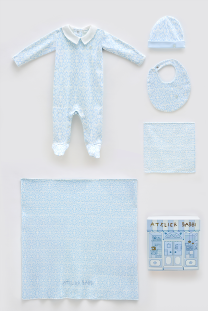 Newborn Gift Set – 5 Pc Cotton | Ikat-Blue (Gift Box)