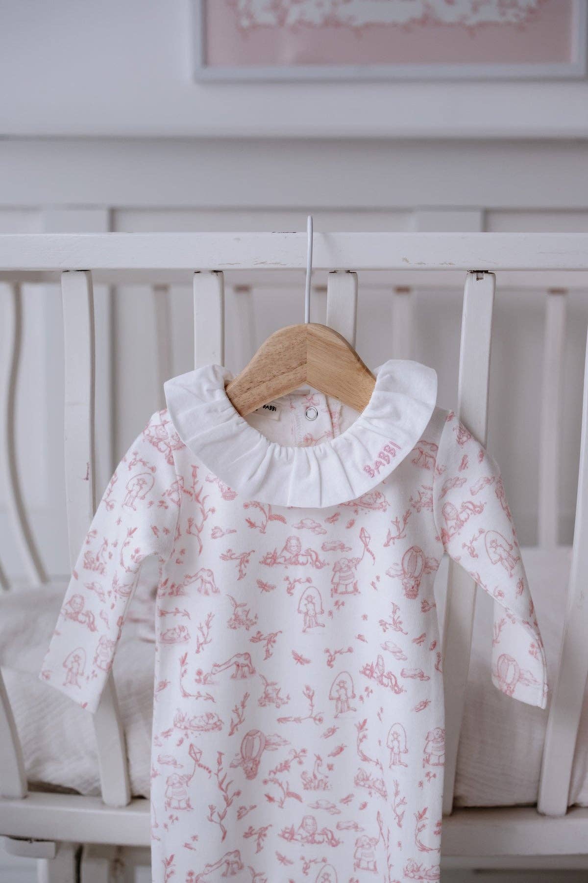 Toile de Jouy Pink- Baby Footed Onesie