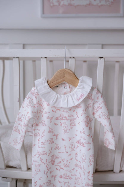Toile de Jouy Pink- Baby Footed Onesie