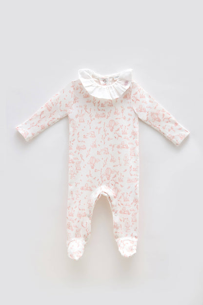 Toile de Jouy Pink- Baby Footed Onesie