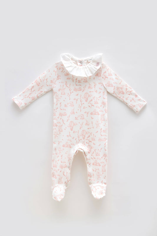 Toile de Jouy Pink- Baby Footed Onesie