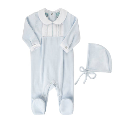 Baby Boy Feather Stitched Velour Romper with Bonnet