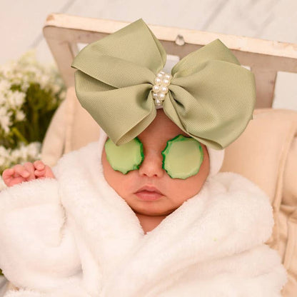 LARGE SAGE Green Bow with Pearls Newborn Girl - WHITE Hat